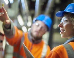 two industrial service engineers conduct a safety check of a control panel and boiler room at a power station . They are both wearing safety equipment and are looking at a control panel .