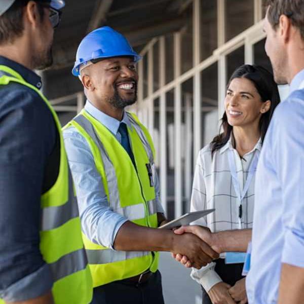 Engineer and businessman handshake at construction site